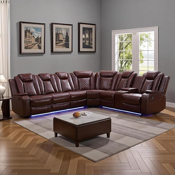 Power Recliner Sectional Sofa Set for Living Room, Leather Recliner Sofa Sets, L-Shaped Corner Sectional Couch Sets with LED Lights, Console Storage(Sectional,Red)