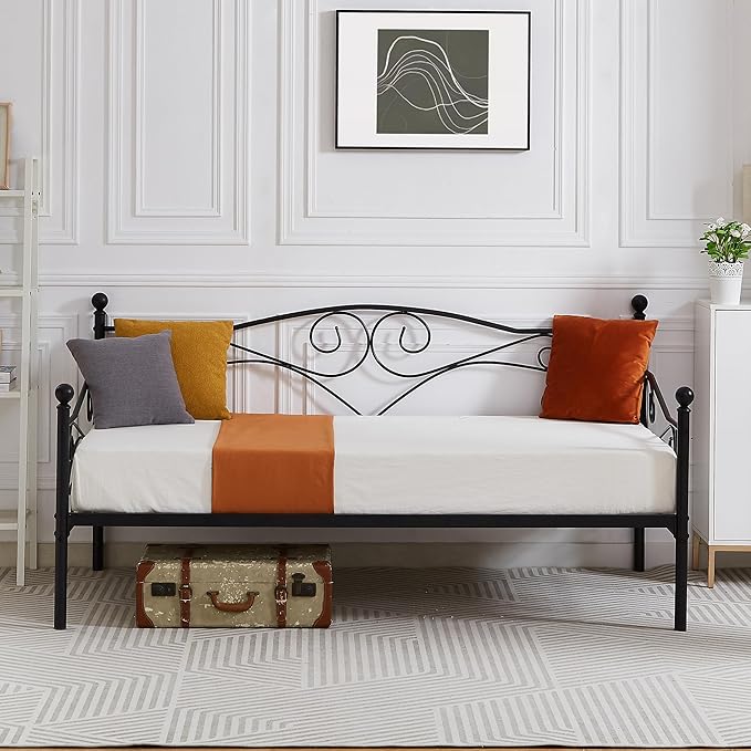 VECELO Daybed Frame, Twin Size Metal Platform Bed with Headboard,Heavy Duty Steel Slats Support for Living Room Bedroom Guest Room, Easy Assembly