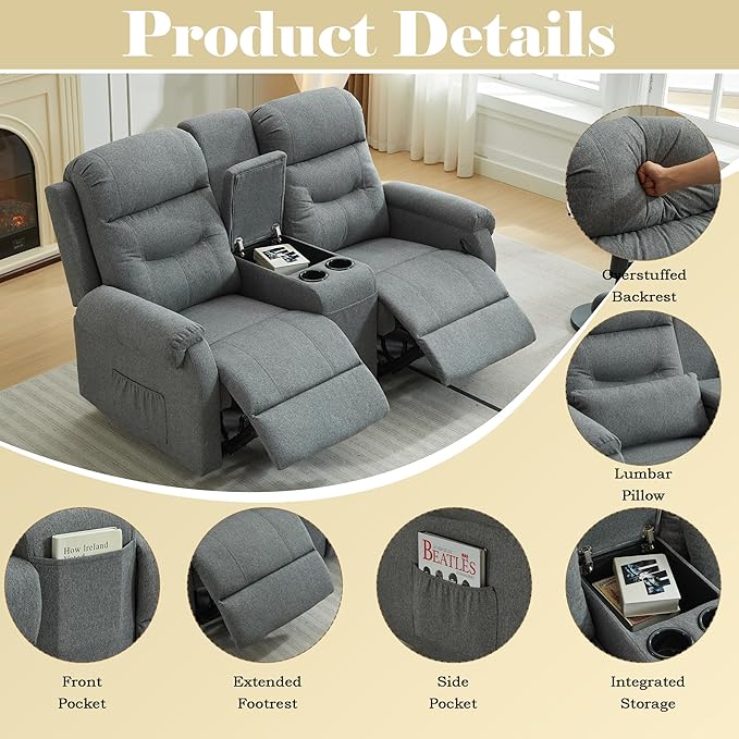 DRMBOOK RV Loveseat Recliner Sofa with Console, Linen Fabric Double Wall Hugger Reclining Couch Manual Home Movie Seating 2 Person Recliner Chair with Cup Holders/Storage/Pocket/Lumbar Pillow, Grey