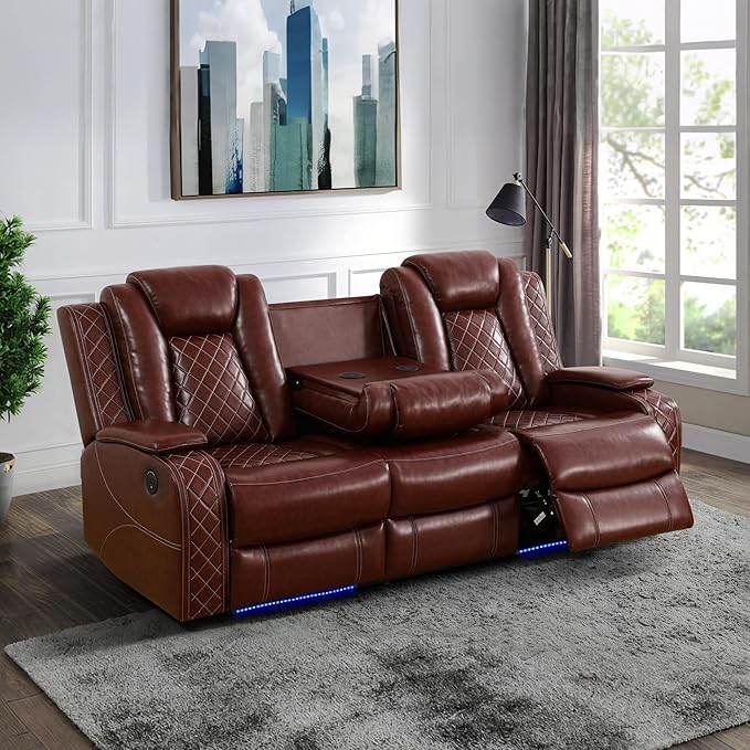 Breathing Leather Power Recliner Sofa Set, 2 Piece Leather Couch and Loveseat Set, Living Room Furniture Set with Storage Console/LED Lighting (Auburn, Sofa+Loveseat)
