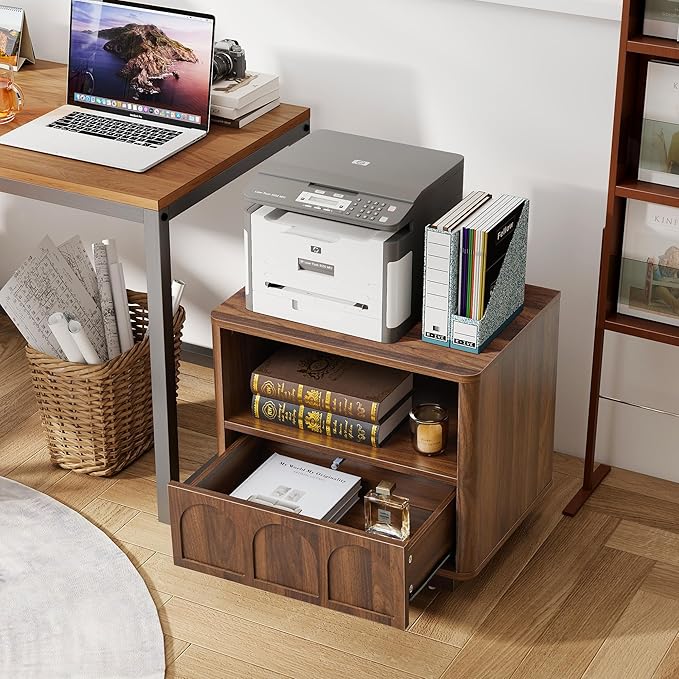 Small Nightstand with Charging Station, Accent Bedside Nightstand with Drawer, Mid Century Modern Bedroom Side Bed Table with Storage for Dorm, Living Room, Couch Sofa Chair, Office - Walnut