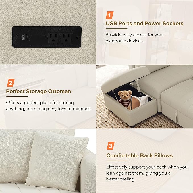 Merax Sofa Bed Sleeper Couch L Shaped Sofa with Storage Ottoman, L-Shape Sectional Couch with 2 USB Ports, 2 Power Sockets for Living Room and Small Apartment (Beige)
