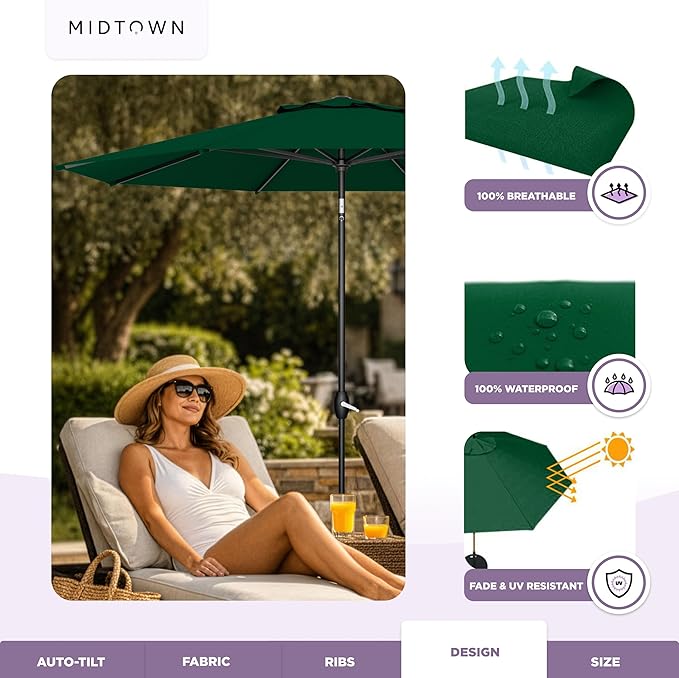 Midtown Umbrellas - The Lean 10 Ft Patio Umbrella with Fade-Resistant Sunbrella Fabric, Auto-Tilt Aluminum Frame and 8 Reinforced Ribs for Deck, Pool & Garden - Forest Green Canopy, Black Pole
