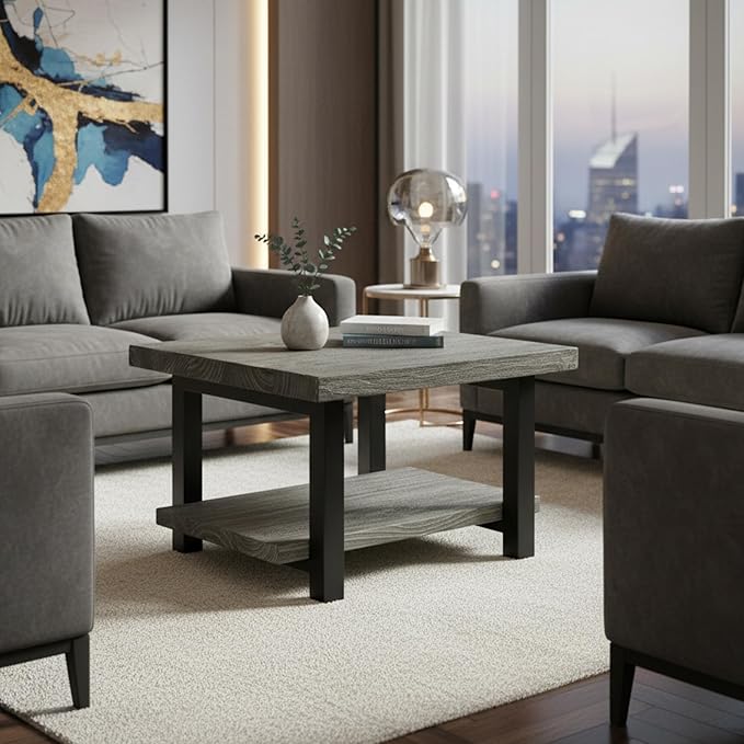 Alaterre Furniture Pomona Living Room Collection – 27 Inch Square Solid Wood Coffee Table with Metal Legs – Modern Rustic Industrial Small Space Table (Slate Grey)