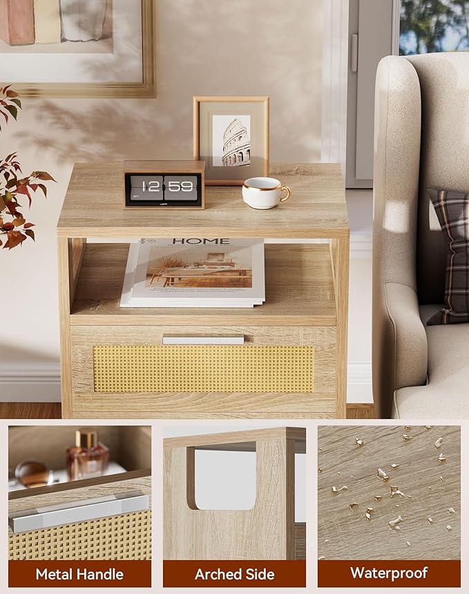 YMYNY Rattan Nightstand Set of 2, Boho Side Table with 2 Drawers, Open Shelf Unit with Arched Design, Solid Wood Legs, Storage Cabinet for Bedroom, Natural UHST015N-2