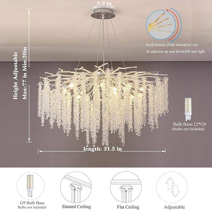 Crystal Tree Branches Chandeliers Luxury Round Raindrop Pendant Light Fixture Ceiling Hanging Light for Dining Room Bedroom Living Room Entryway D31.5“ Silver