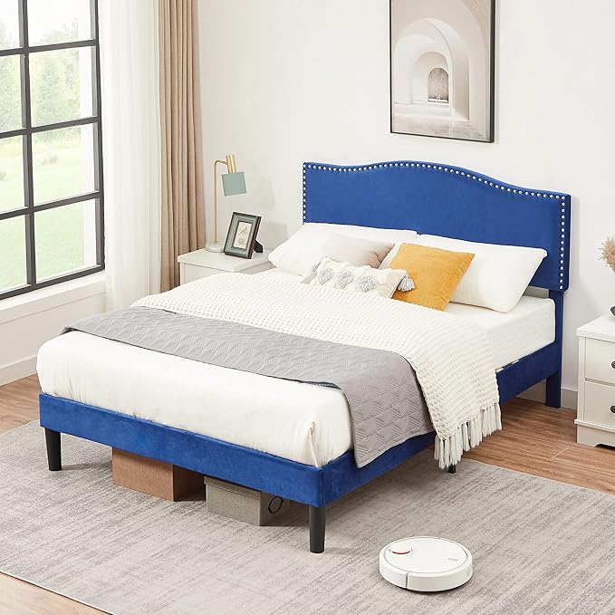 VECELO Queen Bed Frame, Platform Bed Frame with Adjustable Height Upholstered Headboard, Heavy-Duty Frame and Strong Wooden Slats Support, Non-Slip and Noise-Free, Easy Assembly, Dark Blue