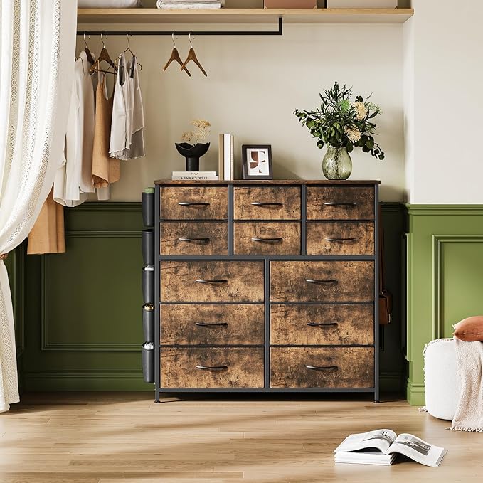 GarveeHome 12 Drawer Dresser for Bedroom, Fabric Dressers & Chests of Drawers with Side Pockets, Chest of Drawers for Closet, Living Room, Closet, Hallway