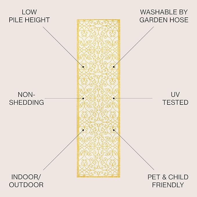 JONATHAN Y Vintage Filigree Indoor Outdoor Runner Rug 2X8 Cream/Yellow, Madrid Textured Weave for Backyard, Patio, Porch, Easy-Cleaning, High Traffic, Pet-Friendly, Non-Shedding (SMB107D-28)