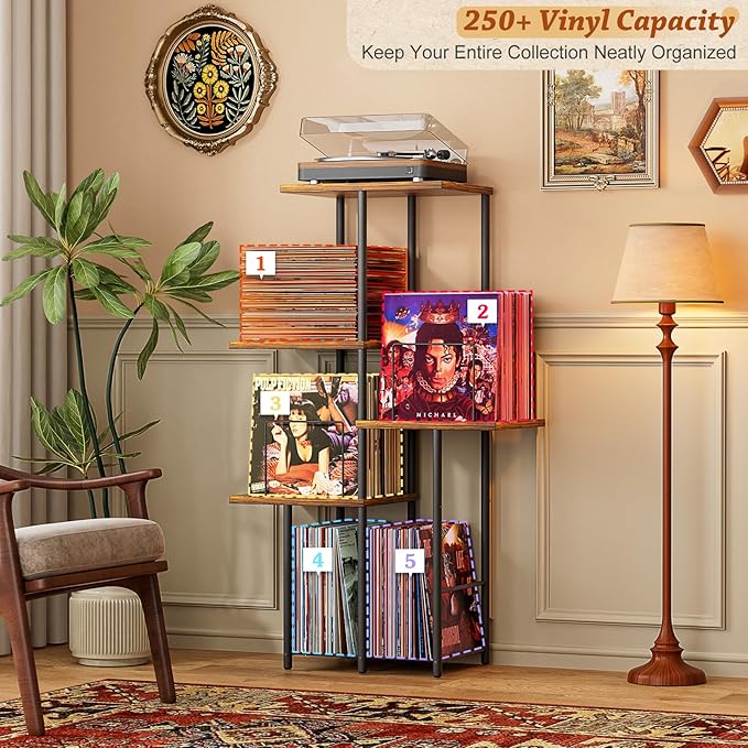 Record Player Stand, Vinyl Record Storage Holder with Display Shelf, Turntable Stand Table with Vinyl Organizer Dividers Album Rack, Vintage Style Record Cabinet Wood, Mid Century Modern Tall Console