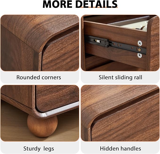 AVZEAR Modern 2 Drawer Dresser, 2 Drawer Nightstand Small Wooden Dresser Chest of Drawers, Handle Free & Curved Profile Design Sofa End Table for Living Room, Nursery, Walnut