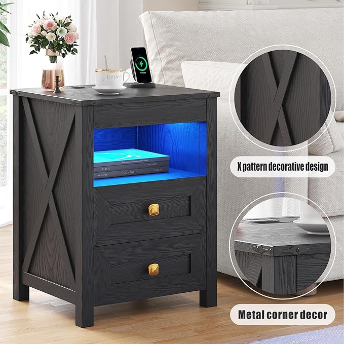 Night Stand Set 2 with Gun Drawer, Farmhouse Bedside Table with Charging Station, Gun Nightstand with LED Light & Human Sensor, Smart End Table for Bedroom, Black