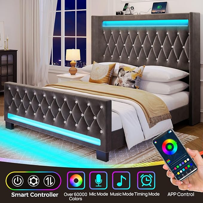 Rolanstar Full Bed Frame with LED Light and Charging Station, Upholstered High Headboard and Footboard, Wood Slats, Noise Free, Easy Assembly, Grey