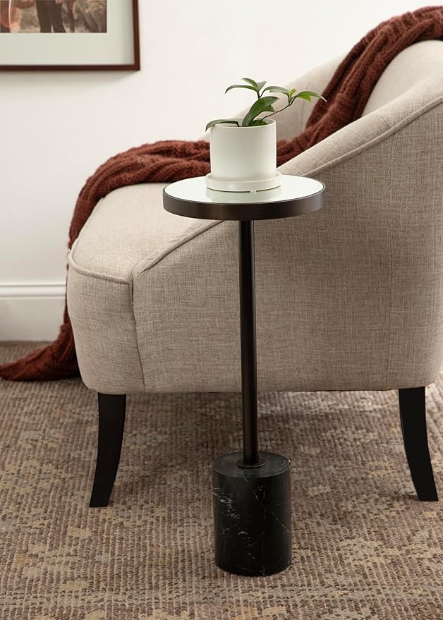 Kate and Laurel Hescott Modern Mirrored Drink Table; 10 x 10 x 24; Black Marble and Bronze; Contemporary Round Accent Table with Premium Marble Base and Mirror Tabletop