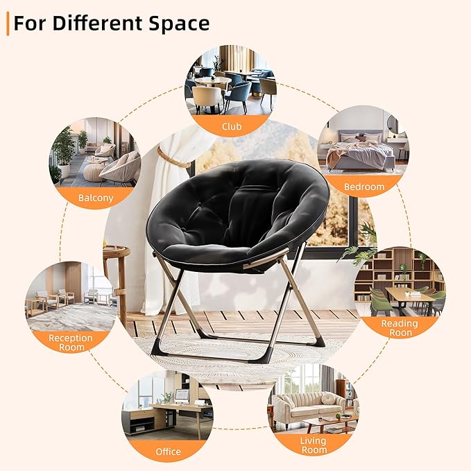 IDEALHOUSE Comfy Folding Padded Saucer Chair, Folding Circle Chair with Metal Frame, Soft Moon Chair for Bedroom, Dorm Rooms, Apartments, Lounging, Garden and Courtyard, Black