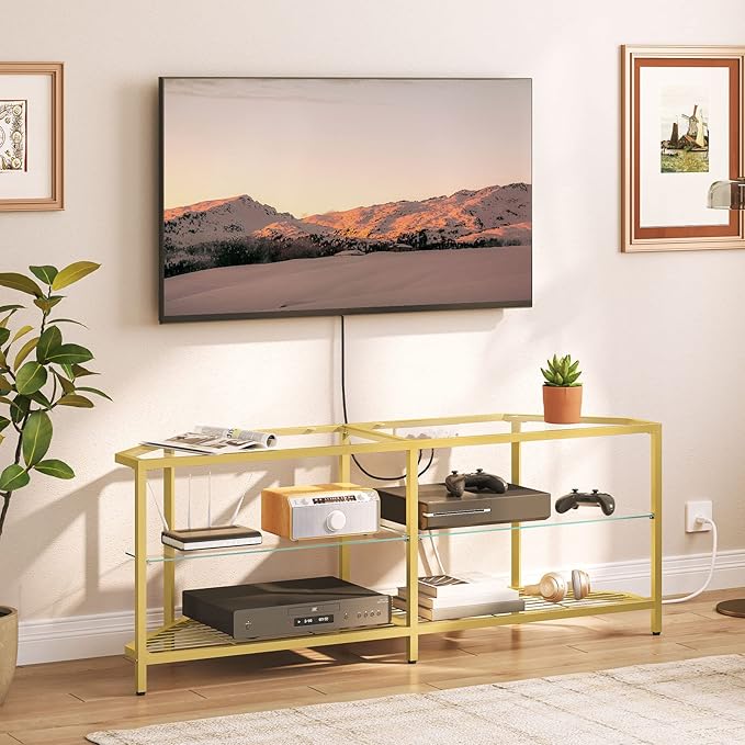 HOOBRO Corner TV Stand with Power Outlet for TVs up to 60", Modern 55" Corner TV Console Table with Open Shelves, Tempered Glass Media Entertainment Center for Living Room, Bedroom, Gold GD143UDS01