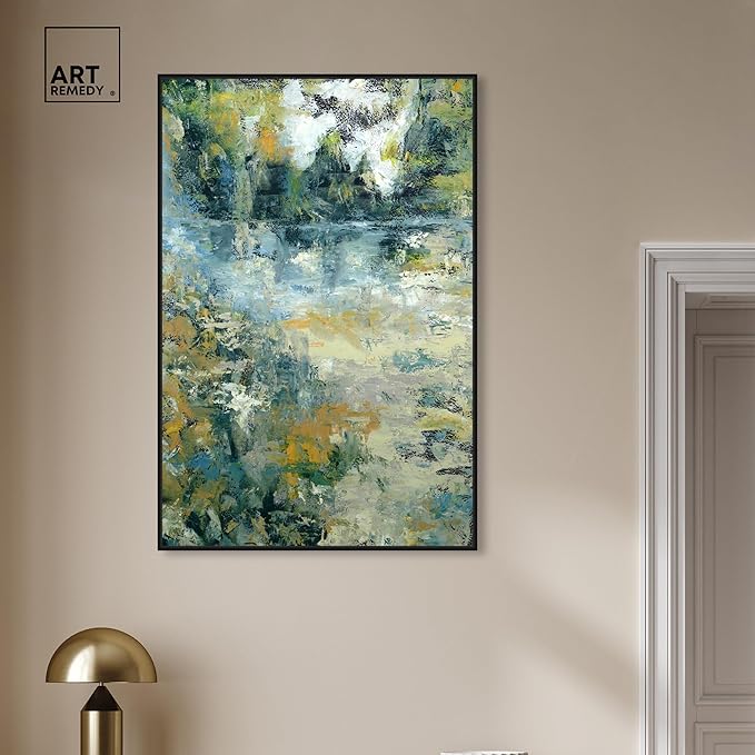 Art Remedy Green Moss Monet Garden Green Abstract Canvas Wall Art, Black Floater Frame, 30"x45"