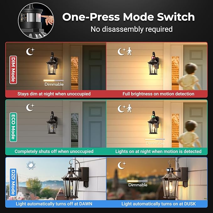 Gleamz Motion Sensor Outdoor Wall Light with GFCI Outlet, Oil-Rubbed Bronze Dusk to Dawn Outdoor Wall Lights Lantern, Exterior Lighting Fixtures for Garage Entrance, 5-Modes, Adjustable Sensitivity