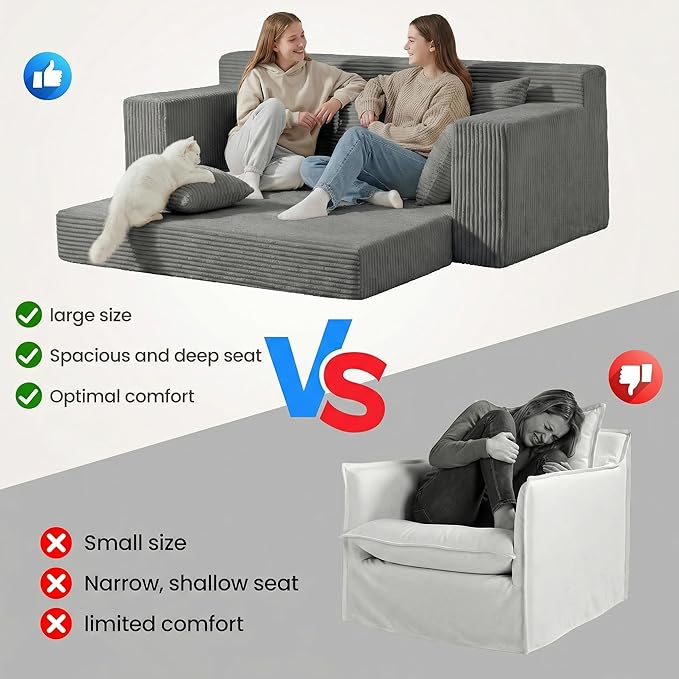 Convertible Sofa Bed, 5 in 1 Small Boneless Couch Pull Out Loveseat Sleeper Sofa,Corduroy Futon Couch Folding Mattress with 4 Pillows for Living Room (Gray, 3 Seater)
