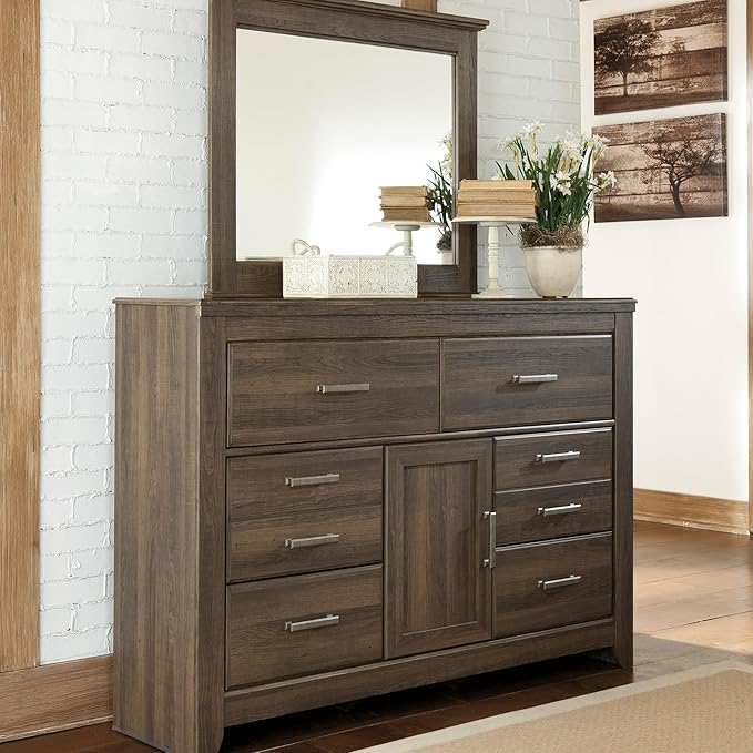 Signature Design by Ashley Juararo Vintage Smooth-Gliding 6-Drawer Dresser and Mirror with Safety Stop, Cabinet and Adjustable Shelf, Dark Brown