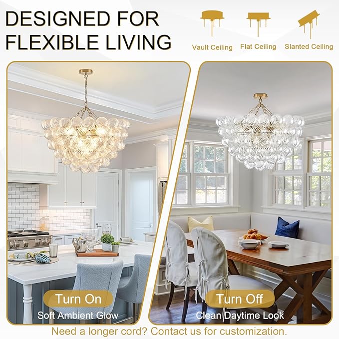 Bubble Chandelier for Dining Room, Dia 31.5" Gild Gold Brass Chandelier 10-Light Clear Ball Hand Blown Glass Chandeliers for Living Room Entryway Round Cluster Globe Chandeliers (G9 LED Base)