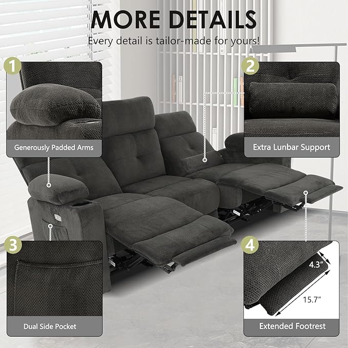Power Reclining Sofa with Heat and Massage, Electric Reclining Couch with Extended Footrest, Wall Hugger Recliner Sofa 3 Seater with USB&Type-c Ports for Living Room, Bedroom(Grey)