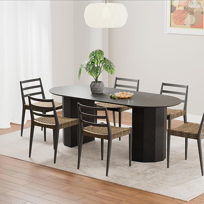 Casaphoria 79" Oval Dining Table, Modern Wood Kitchen Table with Cylinder Polygonal Base for Living Room & Dining Room, Easy Assembly Farmhouse Furniture for 6-8, Black