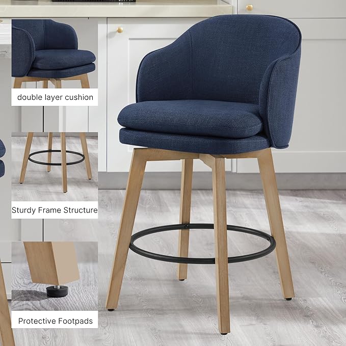 Counter Height Barstools 26 inch Upholstered Swivel Bar Stools with Back and Wood Legs for Kitchen Island,Set of 1,Blue Fabric