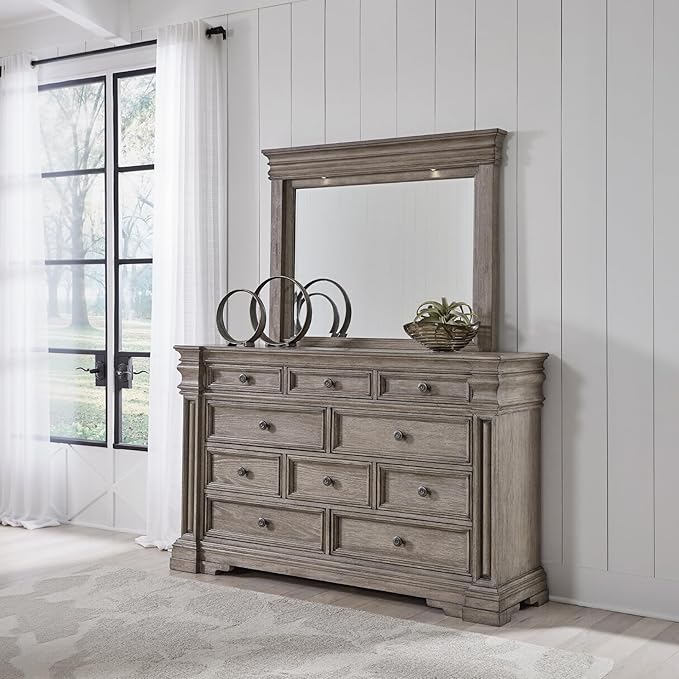 Signature Design by Ashley Blairhurst Traditional 10-Drawer Dresser and Mirror with Safety Stop, Felt-Lined Top Drawer and LED Lights, Light Brown