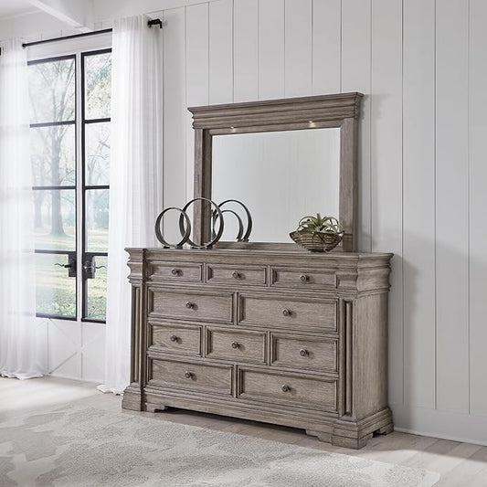 Signature Design by Ashley Blairhurst Traditional 10-Drawer Dresser and Mirror with Safety Stop, Felt-Lined Top Drawer and LED Lights, Light Brown
