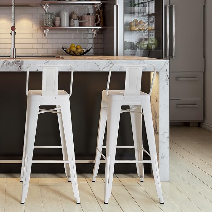 SIMPLIHOME Rayne Industrial Metal 30 inch Bar Stool (Set of 2) in Distressed White for the Dining Room and Kitchen