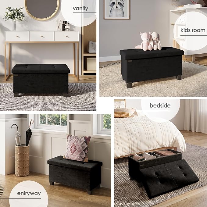 Storage Ottoman Bench with Bins, 30-in Storage Bench for Bedroom End of Bed, Folding Foot Rest Ottoman for Living Room Max 660lbs, Velvet Ottomans, Black