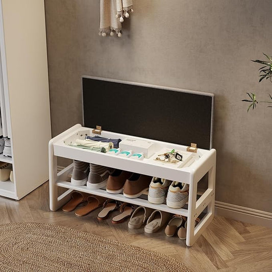 AQIMUELE Shoe Rack Bench,2 Tiers Shoe Bench with Storage with Flip-Top,Wood Shoe Rack for Entryway,Hallway（White Upholstered Seat）
