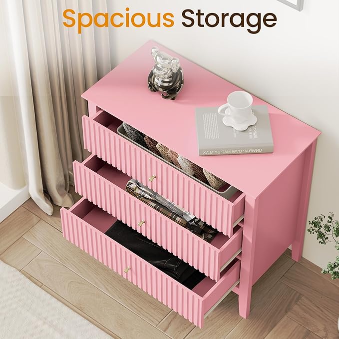Large Pink 3 Drawer Dresser, Painted 30 Inch Tall Wood Nightstand with Storage, Wide Modern Chest of Drawers with Ball Bearing Slide for Bedroom Hallway Living Room Entryway Office