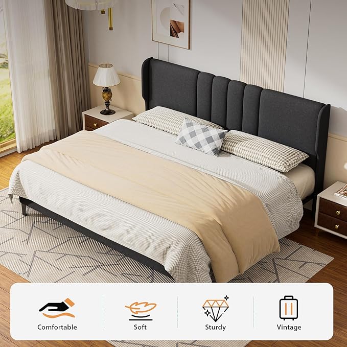 GTPLAYER King Size Bed Frame, Upholstered Platform Bed Frame with Tall Headboard Wingback, Soft Velvet Fabric, No Box Spring Needed, Easy Assembly, Dust Grey