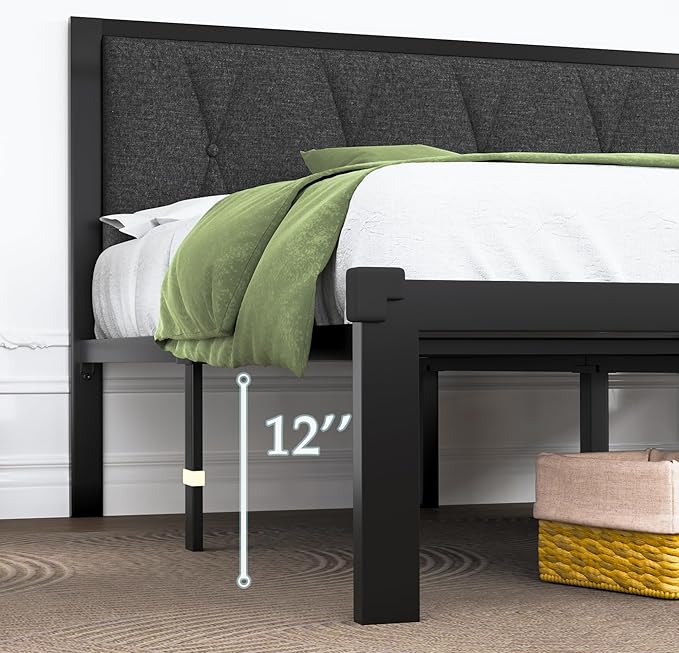 Feonase Full Size Metal Bed Frame with Fabric Button Tufted Headboard, Platform Bed Frame with Heavy Duty Metal Slats, 12" Storage Space, Noise Free, No Box Spring Needed, Dark Grey