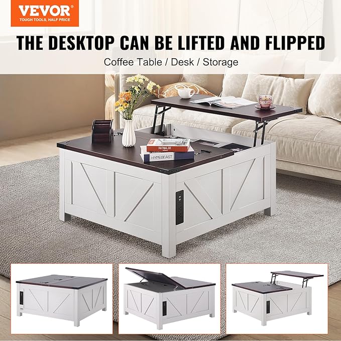 VEVOR 36" Farmhouse Coffee Table, Hinged Lift Top Square Coffee Table with Built-in Power Strip, Wooden Rustic Cocktail Table for Living Room, Bedroom, Apartment, Studio, Brown & White