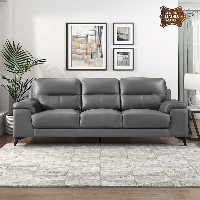 Lexicon Leather Couch, Modern Couch Sofa, Top Grain Leather Match Sofa, Oversized Sofa for Living Room, Bedroom, Office, Apartment, 3-Seater Couches, Dark Gray