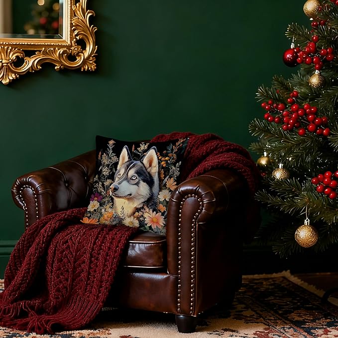 William Morris Inspired-Vintage Floral Siberian Husky Pillow Covers 18x18, Husky Lover Gifts, Moody Dark Botanical Dog Decorative Pillow Covers for Home Living Room Bedroom,Dog Lover Mom Gifts