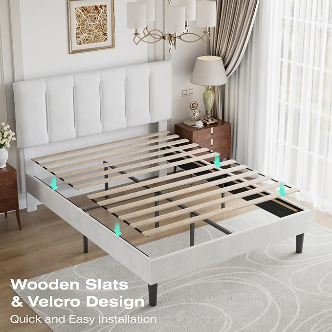 VECELO Full Bed Frame with Upholstered Headboard, Heavy-Duty Platform Bedframe with Strong Wooden Slats Support, No Boxing Spring Needed, Pure White