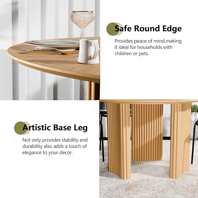 Casaphoria 46" Round Dining Table for 2-4, Farmhouse Style Small Table with Stripes Base, Easy Assembly for Living Room, Kitchen, Bar, Oak