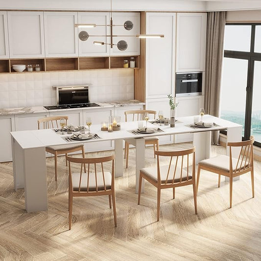 Ball & Cast Extendable Dining Table, 20"/118.5" Large Dining Room Table for 6-10 Person,Kitchen Table with Wood Legs, Space-Saving Folding Console Table,White