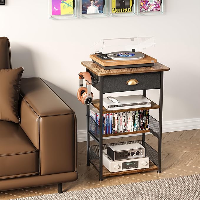 4-Tier AV Media Stand with Drawer, Video Game Console Shelf with 2 Hooks, Audio Rack Tower Perfect for/Xbox/ PS5/Switch/Game Consoles/DVD/Record Player/Projector/Sky Box/TV Accessories