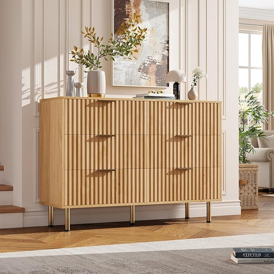 GarveeHome Natural 6 Drawer Dresser for Bedroom, Fluted 47.2 in Wide Modern Chest of Drawers with Deep Drawers, Long Large Double Dresser TV Stand for Living Room, Hallway, Kids Room