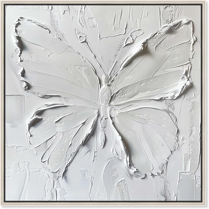 Art Remedy White Butterfly Canvas Elegant White Gold Wall Art, Silver Frame, 40" x 40"
