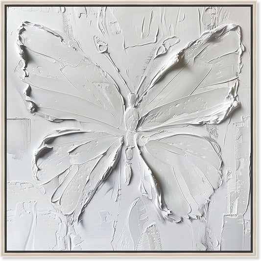 Art Remedy White Butterfly Canvas Elegant White Gold Wall Art, Silver Frame, 20" x 20"