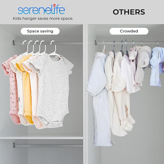 SereneLife 20 Pcs Plastic Kids Hangers – Lightweight Non-Slip Closet Organizers with Shoulder Grooves Ultra-Thin Space-Saving Design for Baby Toddler & Kids Clothes – Durable Holds Up to 6 lbs (White)