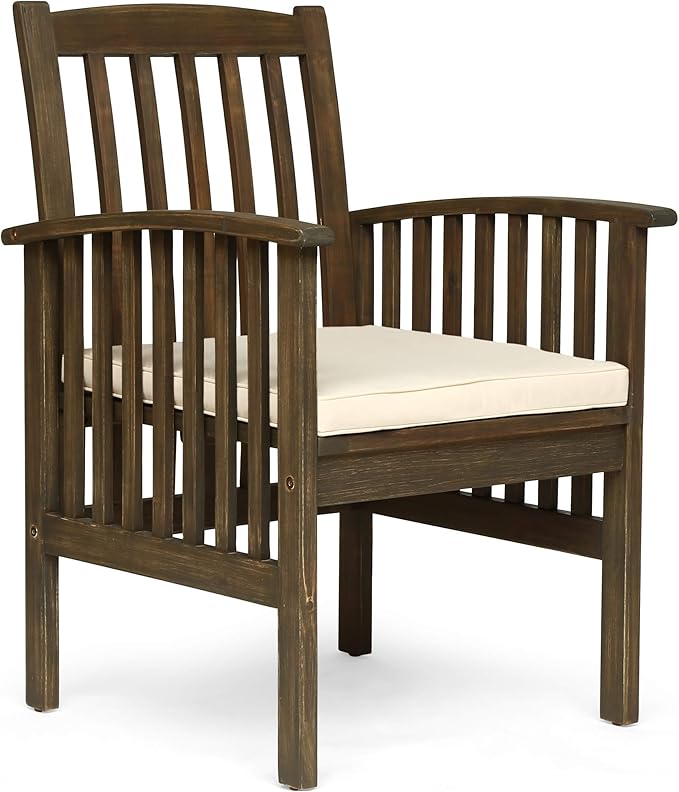 Great Deal Furniture Phoenix Acacia Patio Dining Chairs, Acacia Wood with Outdoor Cushions, Gray and Cream (Set of 2), (307163)