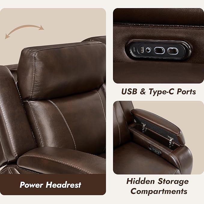Watson & Whitely Genuine Leather Power Loveseat Recliner Sofa, Zero Gravity Reclining Loveseat with Power Headrest & Hidden Storage, Charging Ports, Dual Recliner Sofas for Living Room, Dark Brown