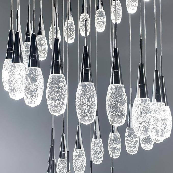 56-Lights 20 Feet Large Modern Chandelier LED Light Fixtures High Ceiling Long Light Chandelier for Entrance Foyer Dimmable Lights with Remote Living Room Ceiling Pendant Lighting Shine Silver